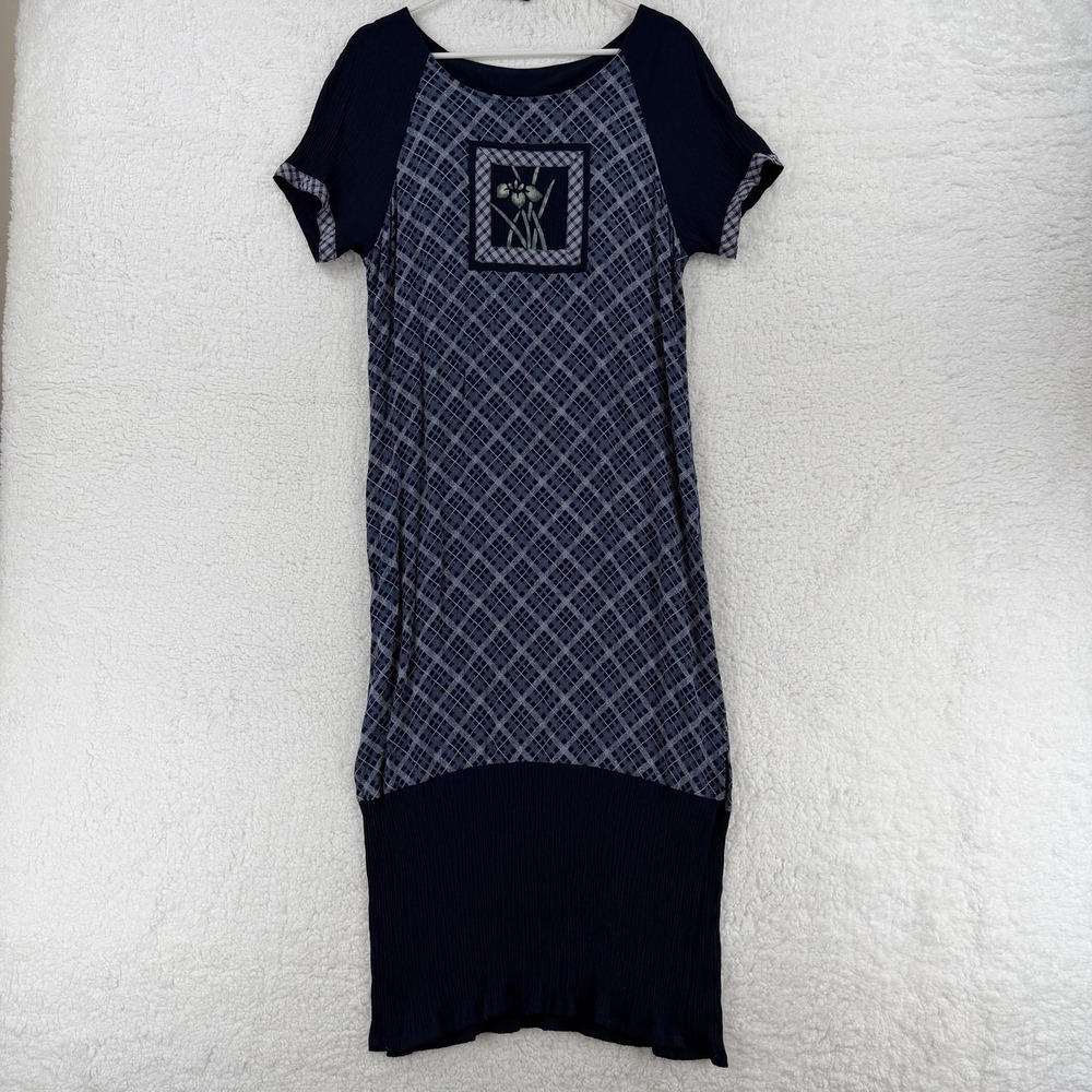 Vintage Lisa Maru Dress Womens Medium Blue Plaid Rayon Floral Patch‎ Hawaii 90s